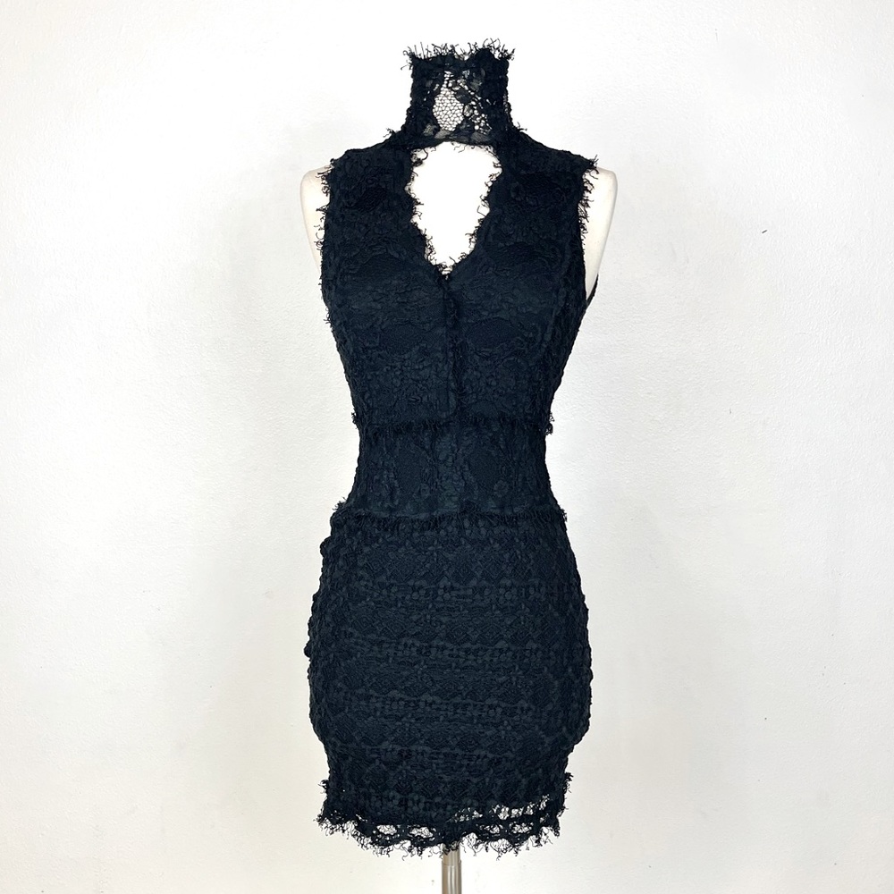 NIGHTCAP Florence Black Lace, high neck, Victorian Mini Dress. Bodycon. XS sz. 1